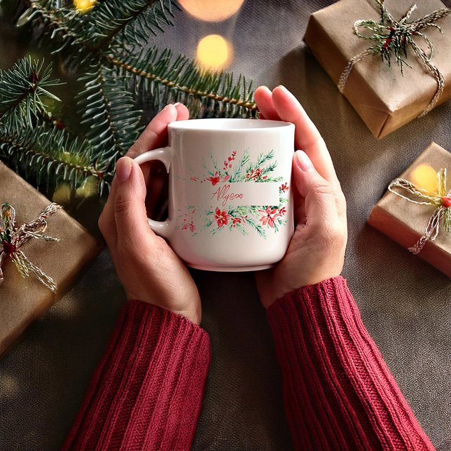 Taza De Café Navidades personalizados de poinsettia y vegetació (Subido por el creador)