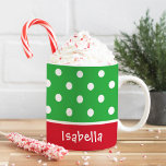 Taza De Café Navidades Personalizados de puntos de polka festiv<br><div class="desc">Personaliza este Navidad festivo café o tazas de cacao caliente con un nombre u otro texto personalizado. El diseño presenta un patrón de puntos de polka. Colores clásicos de vacaciones en rojo,  verde y blanco.</div>