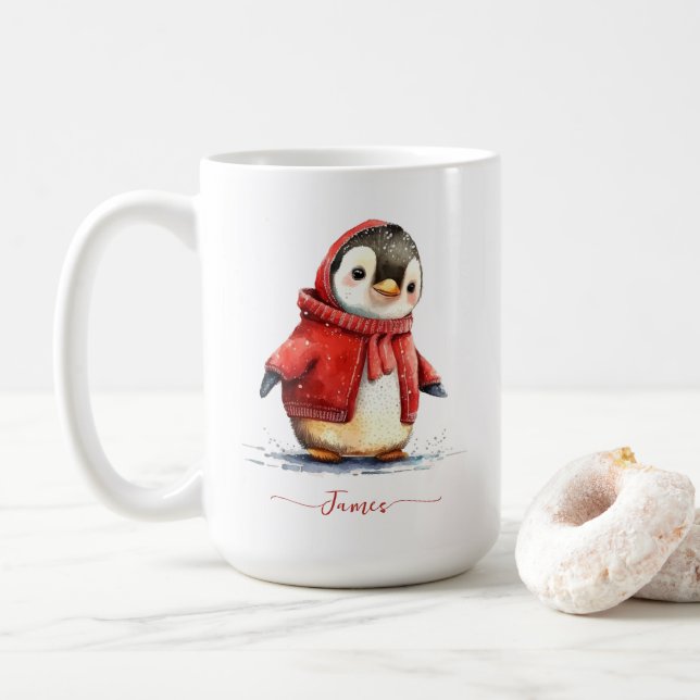 Taza De Café Navidades personalizados del pingüino acuarela de  (Con donut)