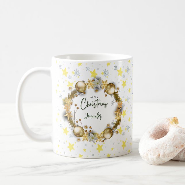 Taza De Café Navidades personalizados Wreath Gold (Con donut)