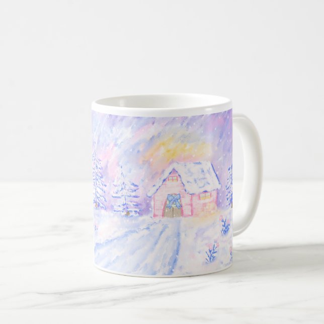 Taza De Café Navidades Pink Snowy Cabin Escena Ilustracion Mug (Anverso derecho)