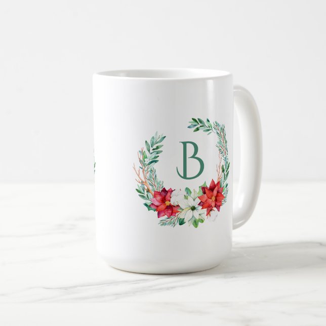 Taza De Café Navidades Poinsettia Wreath con monograma (Anverso derecho)