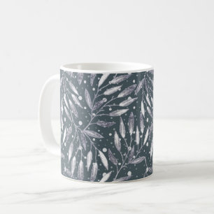 Taza De Café Navidades, ramas de plata, blanco, copos de nieve,