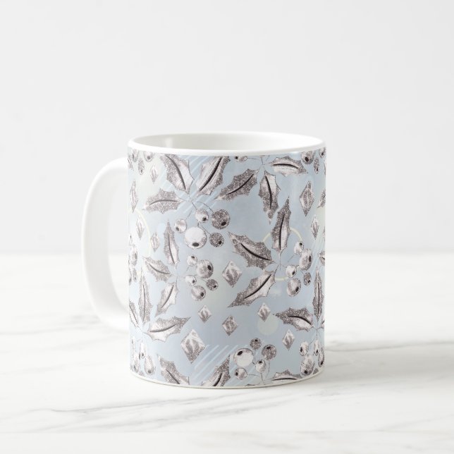 Taza De Café Navidades, ramas de plata, blanco, copos de nieve, (Anverso izquierdo)