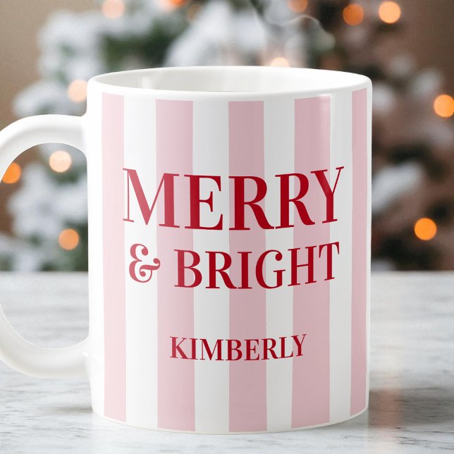 Taza De Café Navidades rayados rosados modernos y vivos (Merry and Bright Modern Pink Striped Christmas Coffee Mug)