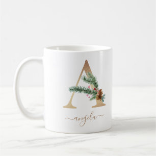Taza De Café Navidades Red Berries Greenery Gold Monograma A