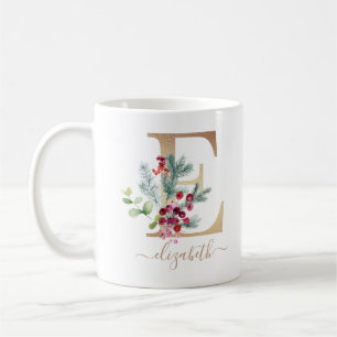 Taza De Café Navidades Red Berries Greenery Gold Monograma E