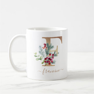 Taza De Café Navidades Red Berries Greenery Gold Monograma F