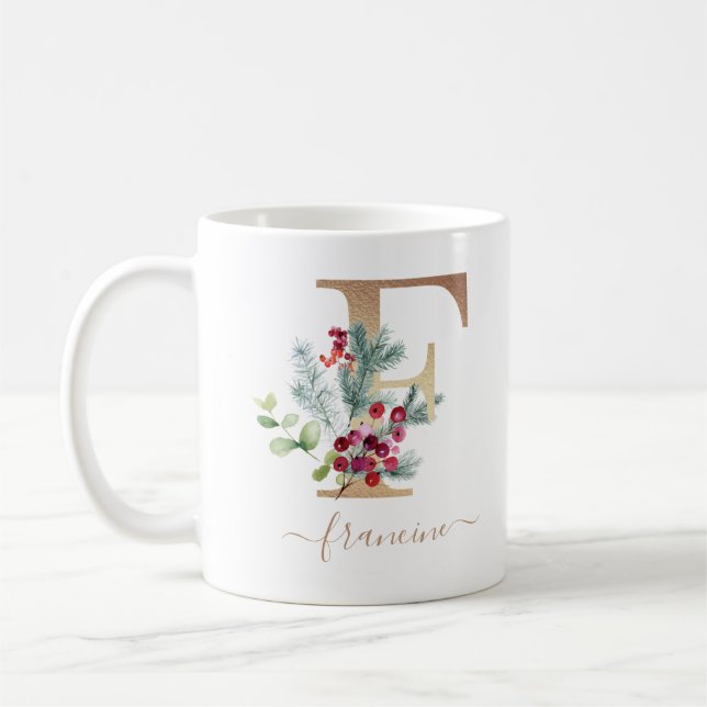 Taza De Café Navidades Red Berries Greenery Gold Monograma F (Izquierda)