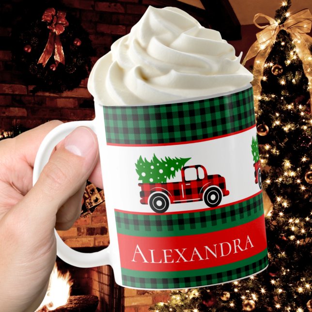 Taza De Café Navidades Red Truck Chef Green Buffalo Plaid (Subido por el creador)