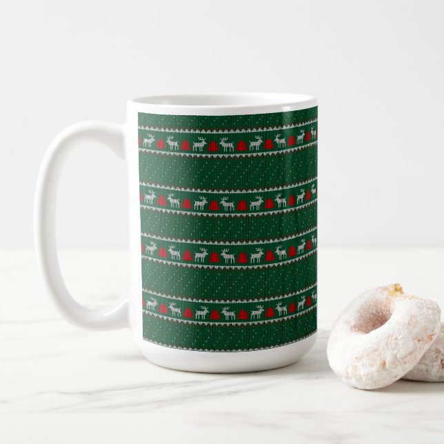 Taza De Café Navidades Renos, patrón de cosecha verde y roja (Con donut)