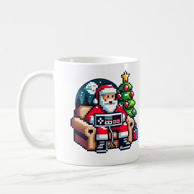 Taza De Café Navidades Retro de Arte Gamer Santa Pixel (Izquierda)