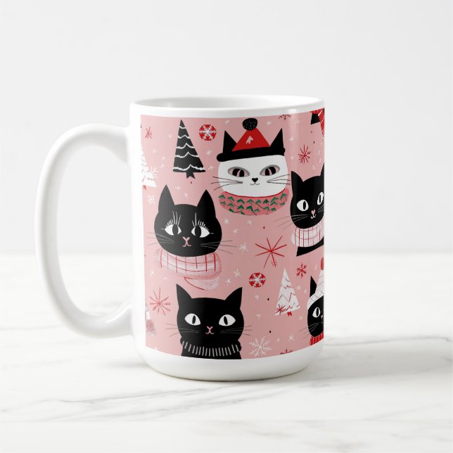 Taza De Café Navidades retro divertidos gatos sobre peluca rosa (Izquierda)
