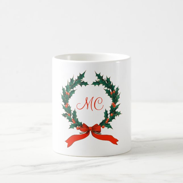 Taza De Café Navidades retro Holly Wreath con vacaciones inicia (Centro)