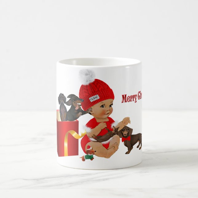 Taza De Café Navidades rojos bebé Dachshund sorprende "Oh bebé" (Centro)
