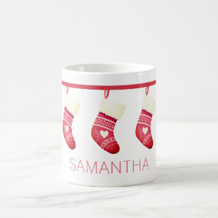 Taza De Café Navidades rojos curados Stocking Name Mug