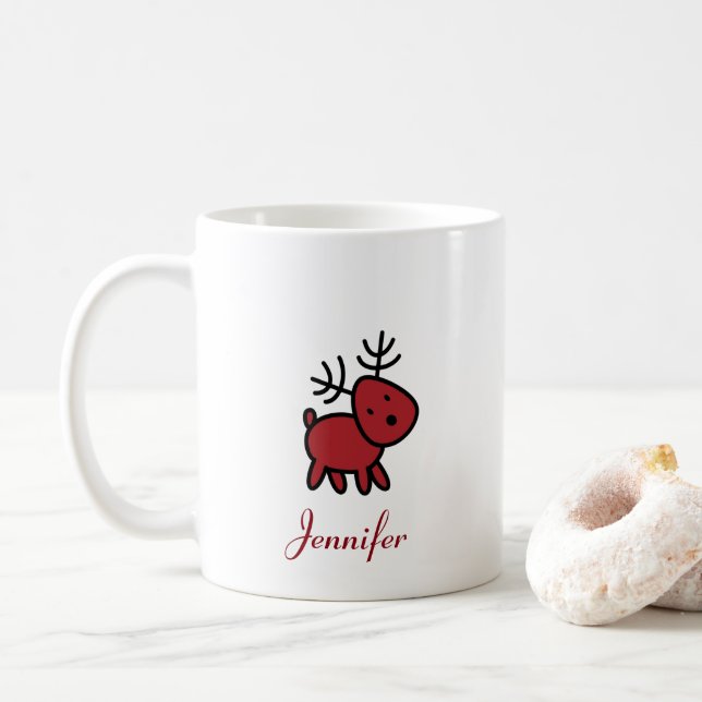 Taza De Café Navidades rojos Ilustracion de renos personalizado (Con donut)