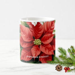 Taza De Café Navidades rojos navideños Poinsettia personalizada