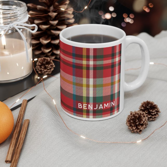 Taza De Café Navidades rojos rojos y verdes rusos personalizado (Plaid Rustic Personalized 11oz Christmas Holidays Hot Coffee Mug)