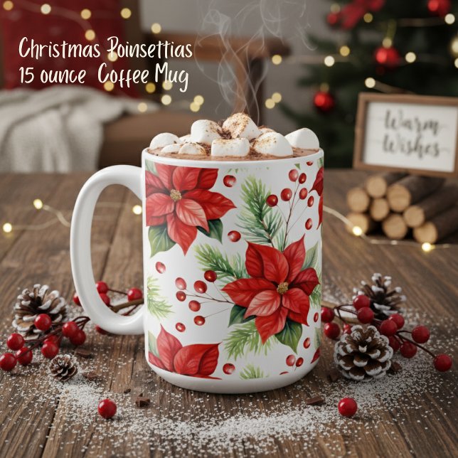 Taza De Café Navidades rojos y verdes clásicos vacaciones de la (Classic Red & Green Christmas Poinsettias Holiday 15 ounce  Coffee Mug)