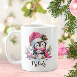 Taza De Café Navidades rosados de pingüino lindo personalizados
