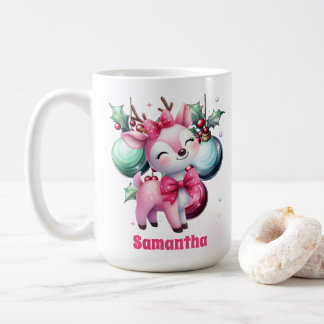 Taza De Café Navidades rosados reno Nombre personalizado Mug