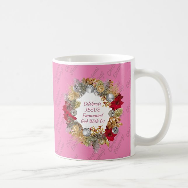 Taza De Café Navidades rosados Wreath Monograma (Derecha)