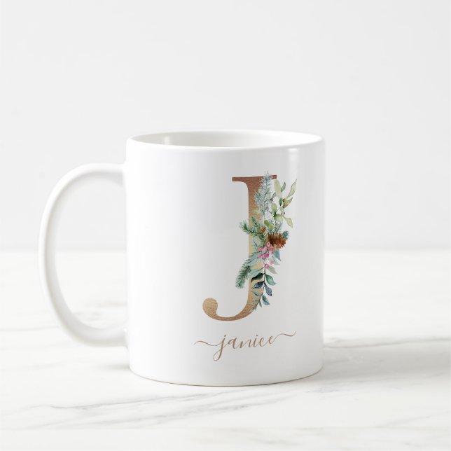 Taza De Café Navidades rusos Holly Red Berries Gold Monograma J (Izquierda)