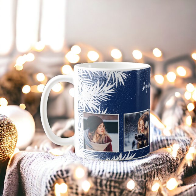 Taza De Café Navidades rusos país 4 foto pinos de nieve azul (Rustic Christmas country 4 photo snow pines blue Coffee Mug)