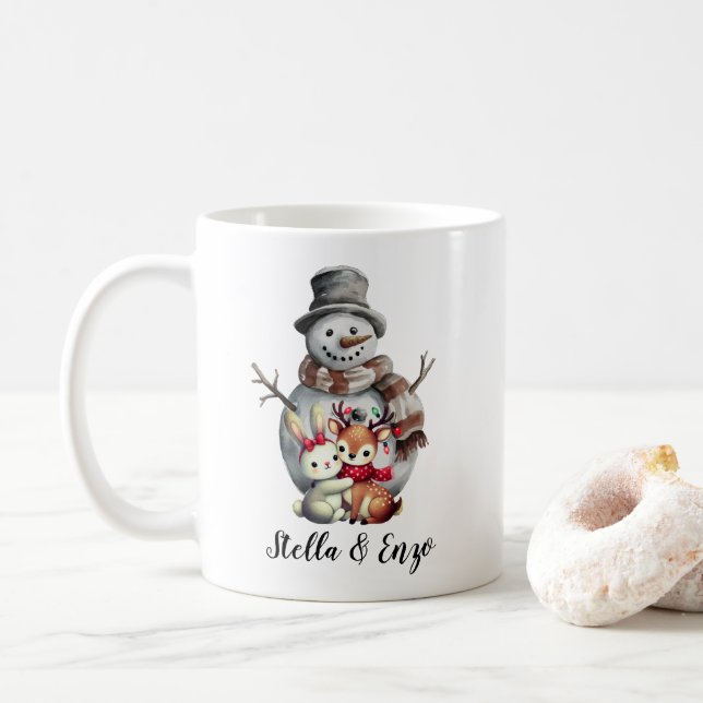 Taza De Café Navidades Rustic Snowman Deer Rabbit Art Red Green (Con donut)