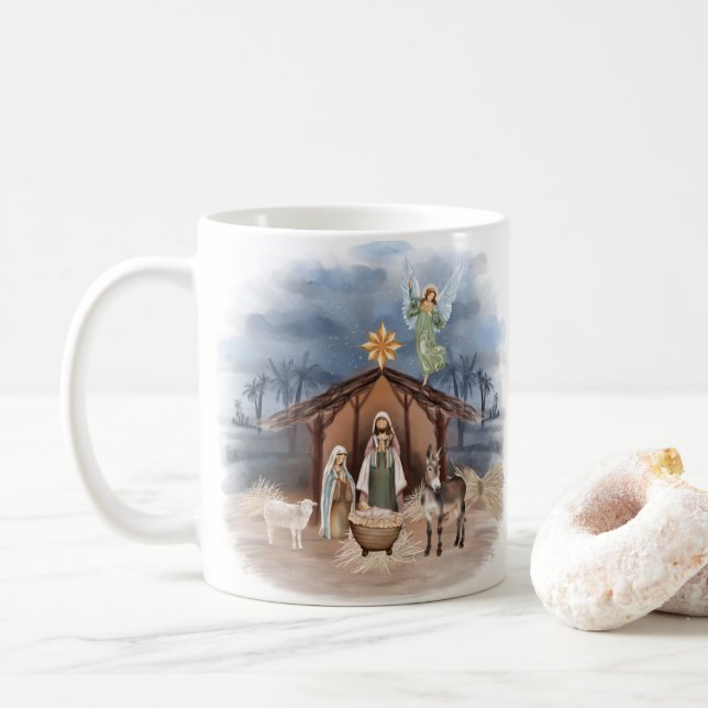 Taza De Café Navidades rústicos campesinos acuarela natividad (Con donut)