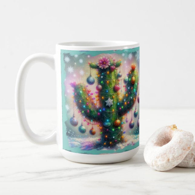 Taza De Café Navidades Saguaro Cactus Whimsical Snowflakes (Con donut)