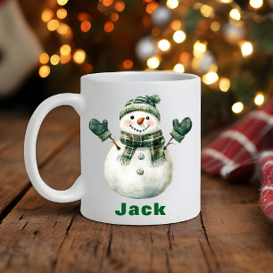 Taza De Café Navidades Snowman Green Scarf Custom Name