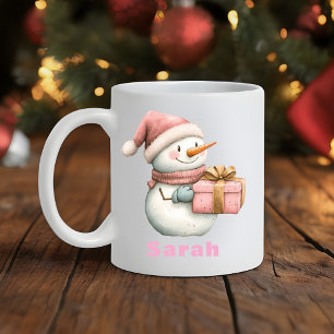 Taza De Café Navidades Snowman sosteniendo el nombre personaliz