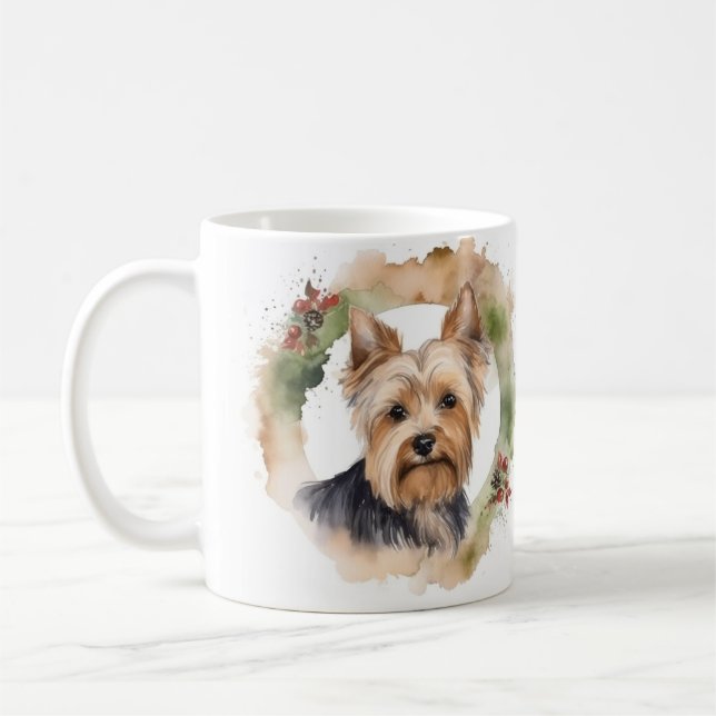 Taza De Café Navidades Terrier de Yorkshire Wreath Festimes Pup (Izquierda)