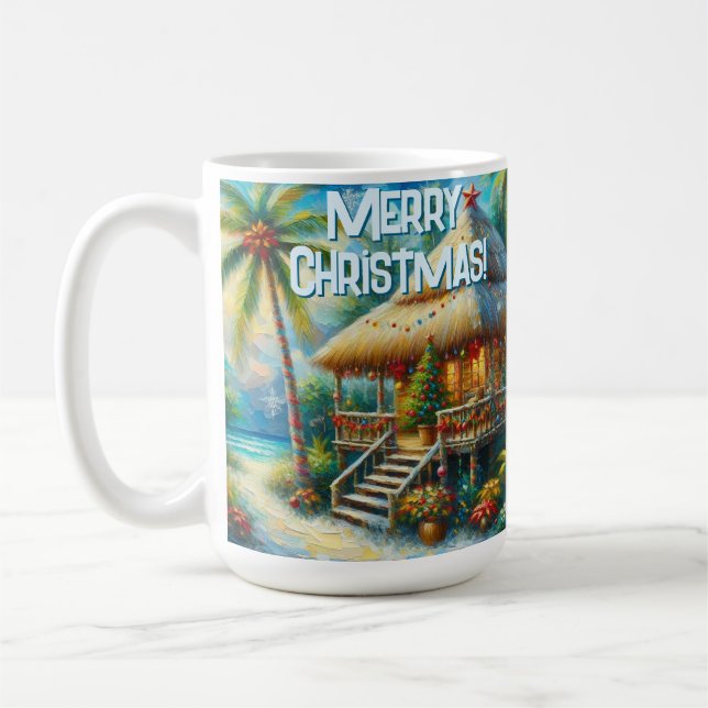 Taza De Café Navidades Tropical Hut Palm Tree Beach Lights (Izquierda)