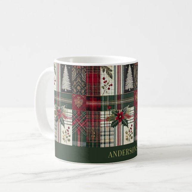Taza De Café Navidades verdes Rústico Pintado Patrón Tartán (Anverso izquierdo)