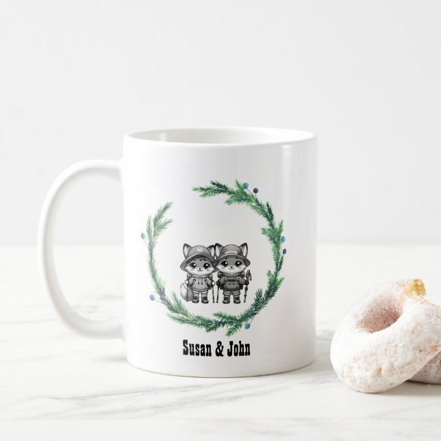 Taza De Café Navidades Wreath Camp de invierno Nueva Pareja Fox (Con donut)