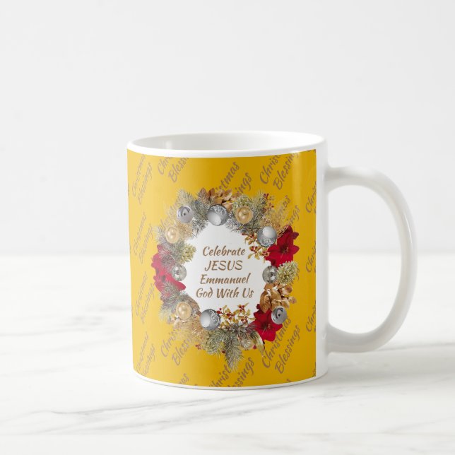 Taza De Café Navidades Wreath MONOGRAM Celebran Jesús AMARILLO (Derecha)