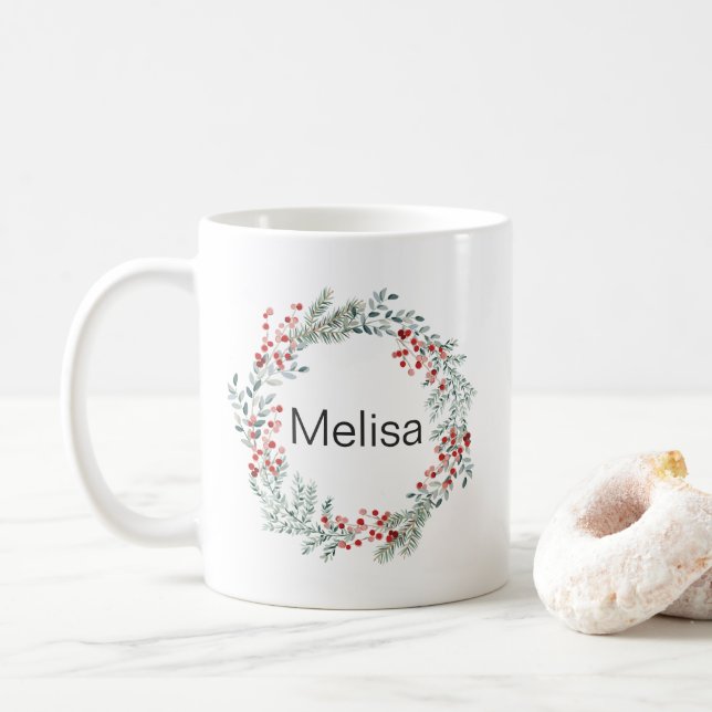 Taza De Café Navidades Wreath Nombre personalizado (Con donut)