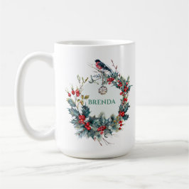 Taza De Café Navidades Wreath y Robin Rojo Con Monograma