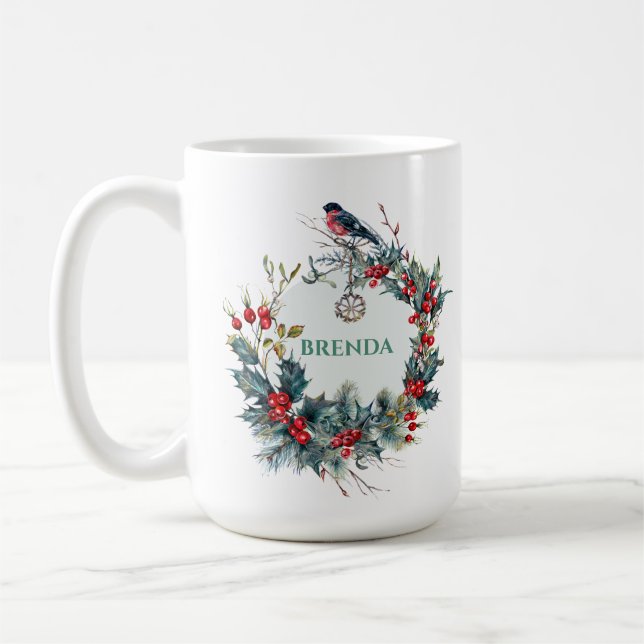 Taza De Café Navidades Wreath y Robin Rojo Con Monograma (Izquierda)