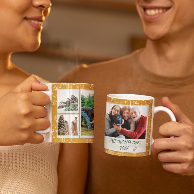 Taza De Café Navidades Yellow Doodles Multi Photo Family Gift (Subido por el creador)