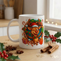Taza de café navideña con reno 3D linda