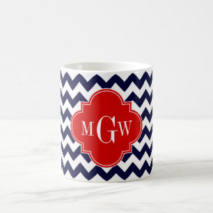 Taza De Café Navy Blanco Chevron Rojo Quatrefoil 3 Monograma