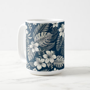 Taza De Café Navy Blue Hibiscus Monstera Tropical Botanical