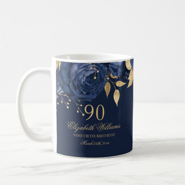 Taza De Café Navy Gold Floral Rosa 90 cumpleaños (Izquierda)