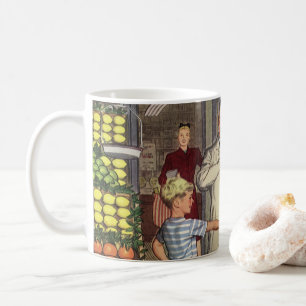 Taza De Café Negocio Antiguo, Frutería con Tendero y Niño