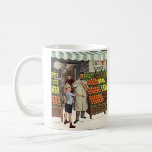 Taza De Café Negocio Antiguo, Frutería con Tendero y Niño