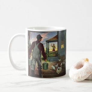 Taza De Café Negocio Antiguo, Granja con Granjero y Gallinas